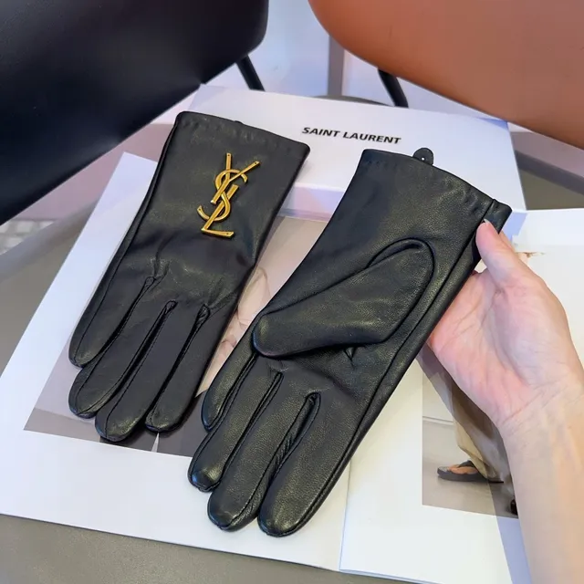 Luvas Saint Laurent YSL Monogram Preto Dourado Hardware Liso Couro 3