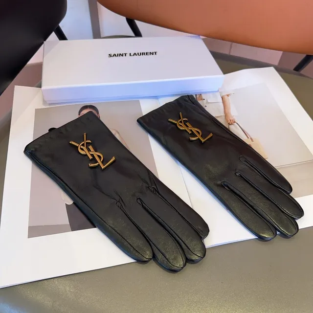 Luvas Saint Laurent YSL Monogram Preto Dourado Hardware Liso Couro 6