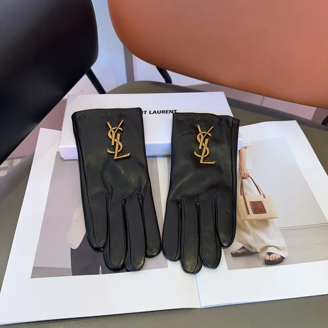 Luvas Saint Laurent YSL Monogram Preto Dourado Hardware Liso Couro 7