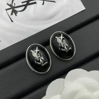 Saint Laurent YSL Monogram Oval Black Enamel Earrings