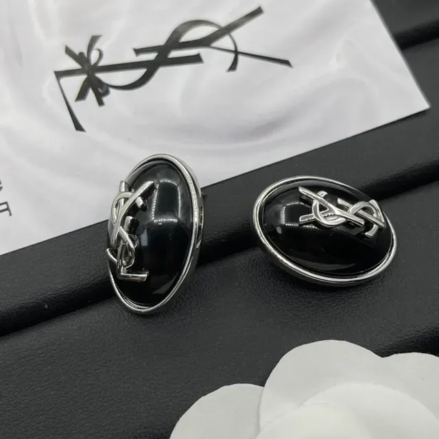 Saint Laurent YSL Monogram Oval Noir Émail Boucles d'oreilles 6