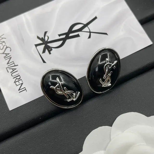 Saint Laurent YSL Monogram Oval Noir Émail Boucles d'oreilles 7