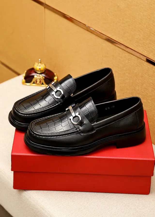 Salvatore Ferragamo Gancini Croc-Embossed Black Mocassins 9