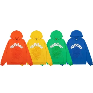 Sp5der Orange White Embroidered Logo Spiderweb Graphic Hoodie