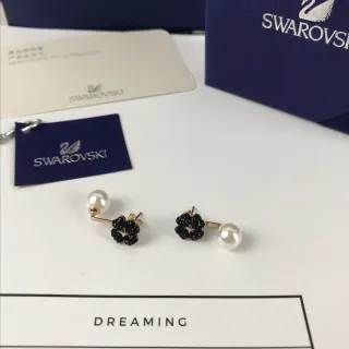 Swarovski Dreaming Black Crystal and Pearl Asymmetrical Stud Earrings