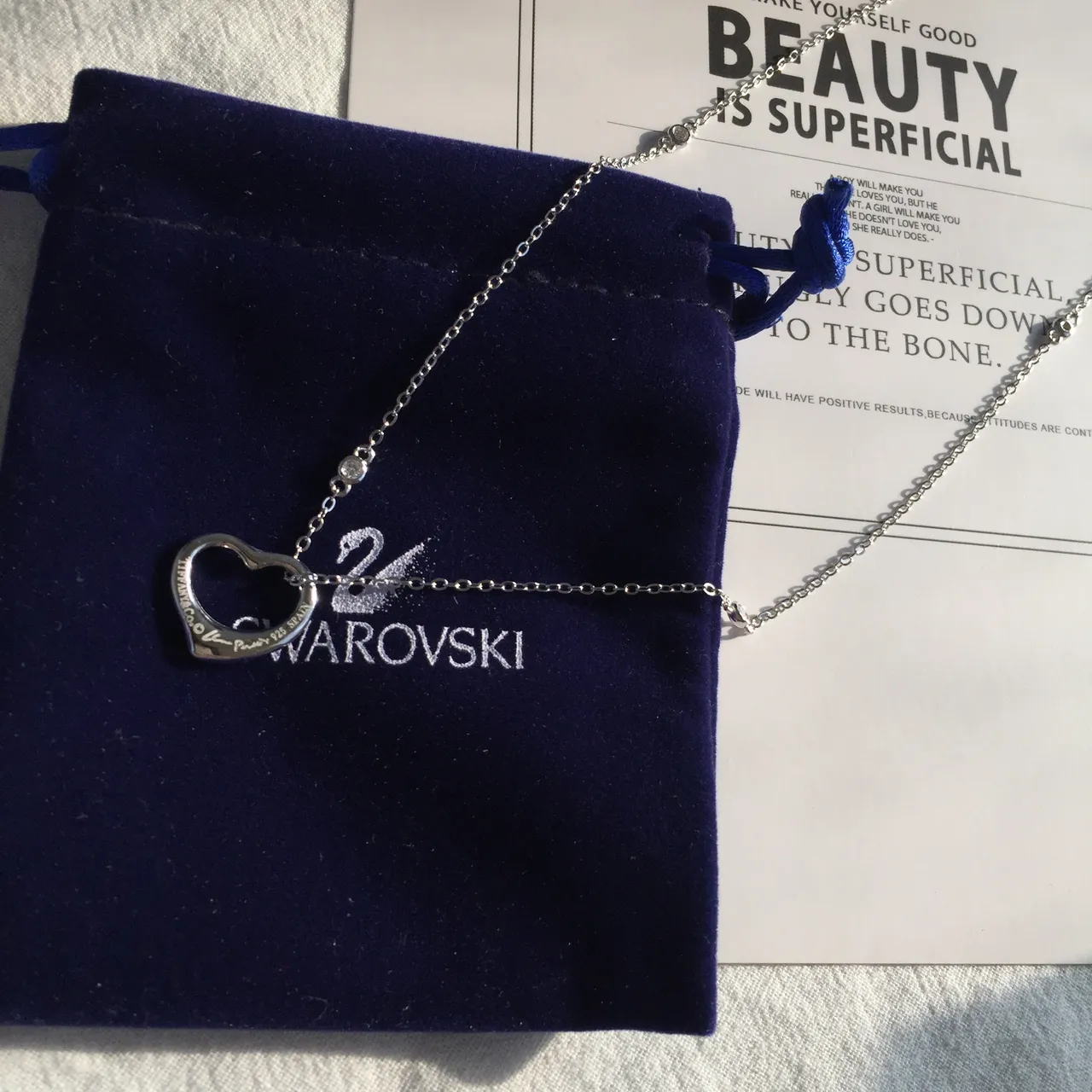 Swarovski Pendentif Cœur Ouvert Chaîne de Maillons Fins Argent Bleu 2