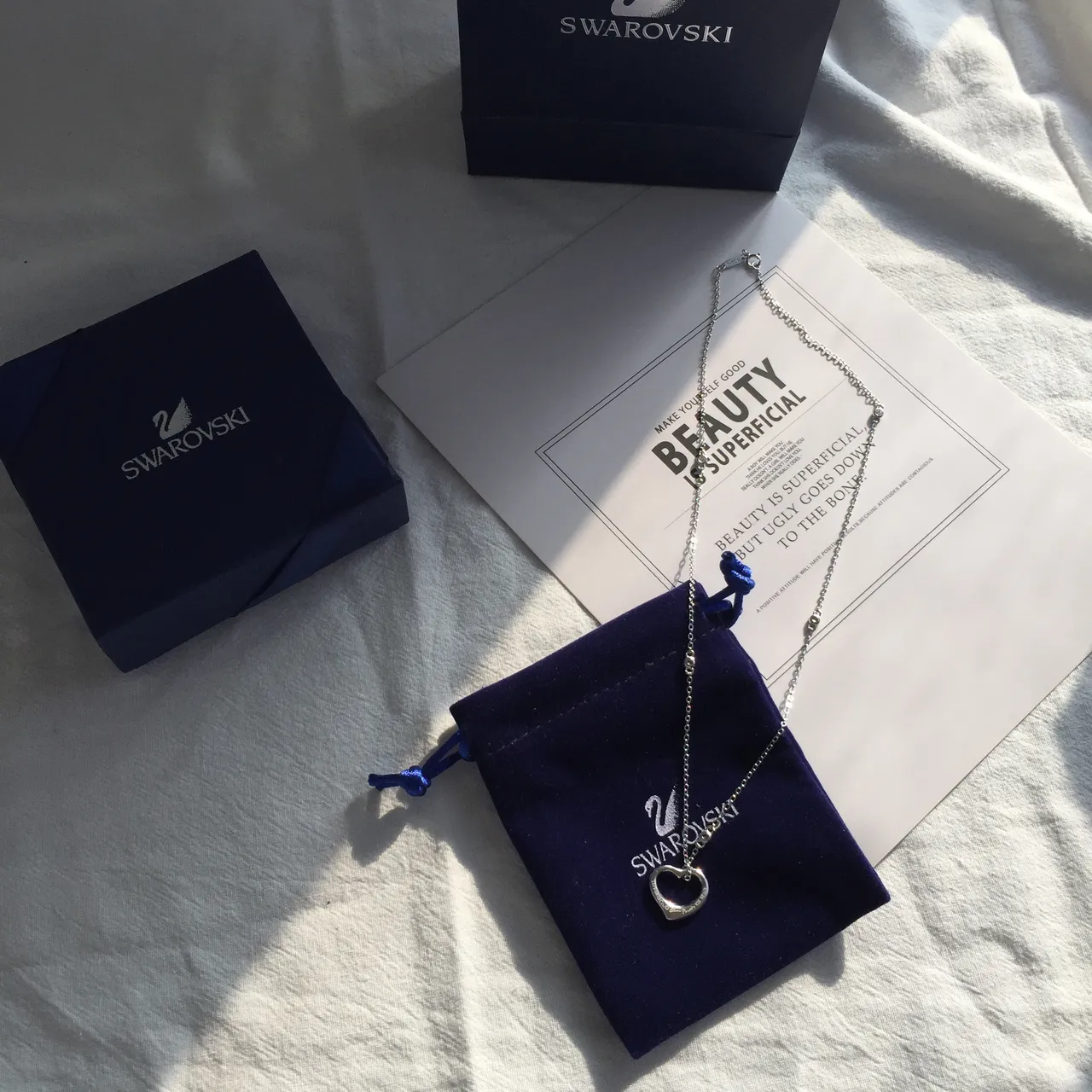 Swarovski Pendentif Cœur Ouvert Chaîne de Maillons Fins Argent Bleu 3