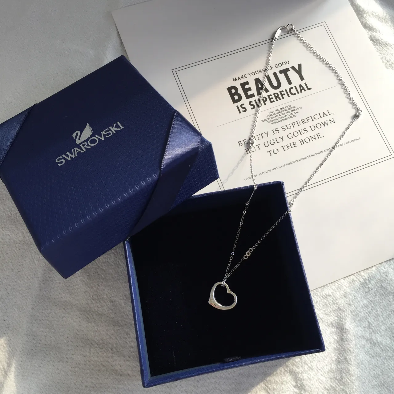 Swarovski Pendentif Cœur Ouvert Chaîne de Maillons Fins Argent Bleu 5