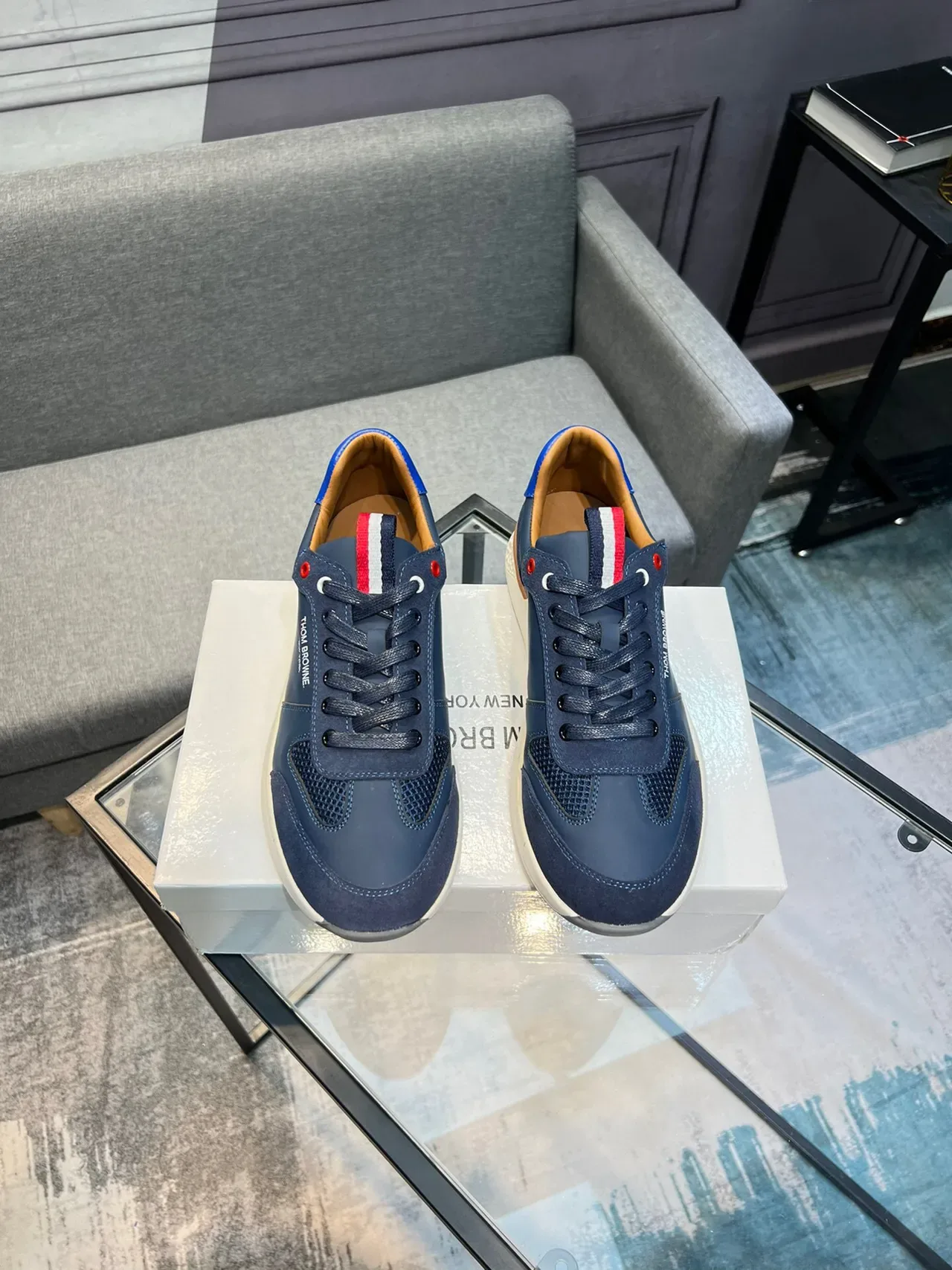 Thom Browne Navy Blue Mixed-Material Lifestyle Sneaker 2