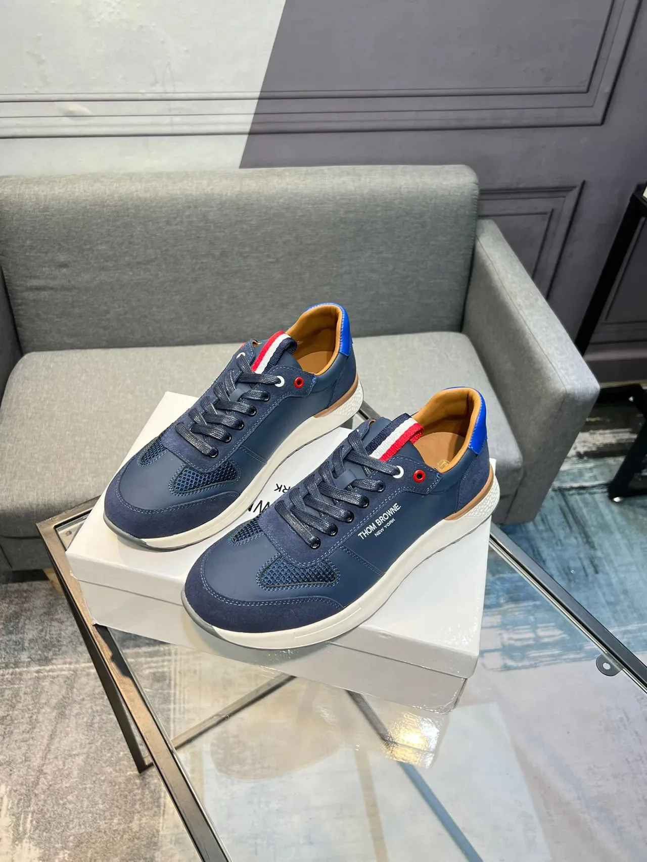 Thom Browne Navy Blue Mixed-Material Lifestyle Sneaker 3