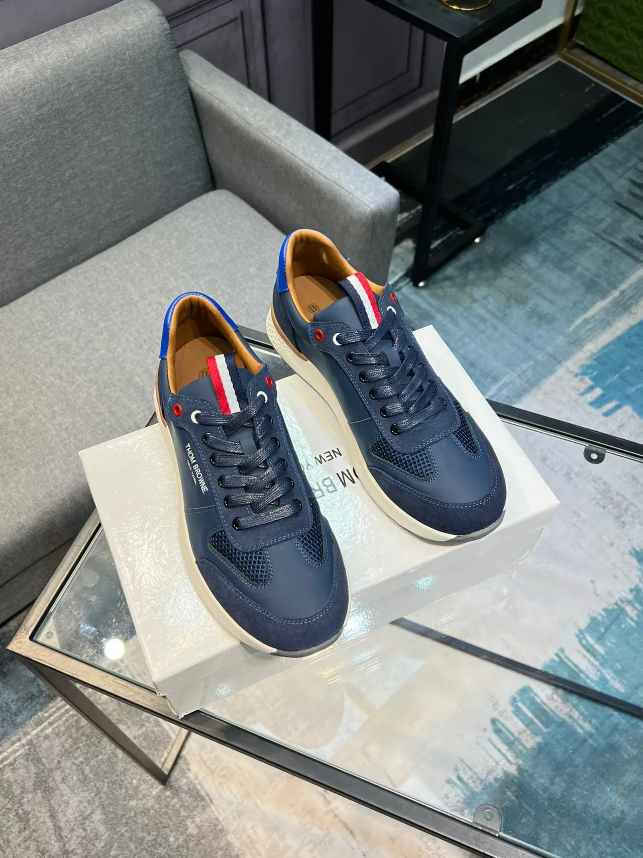 Thom Browne Navy Blue Mixed-Material Lifestyle Sneaker 5