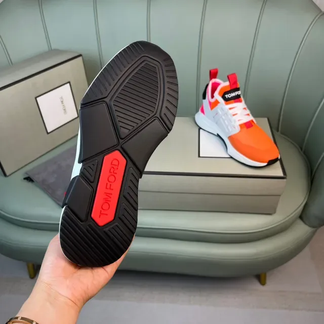 Tom Ford Sneakers Lifestyle Maille Haut Orange Rouge Midsole Sculpté Blanc 2
