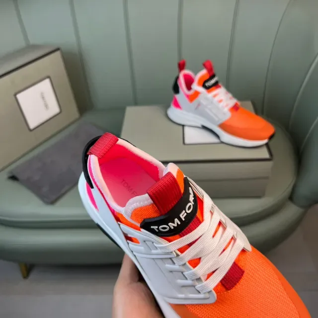 Tom Ford Sneakers Lifestyle Maille Haut Orange Rouge Midsole Sculpté Blanc 3