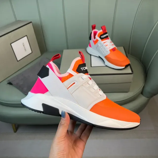 Tom Ford Sneakers Lifestyle Maille Haut Orange Rouge Midsole Sculpté Blanc 4