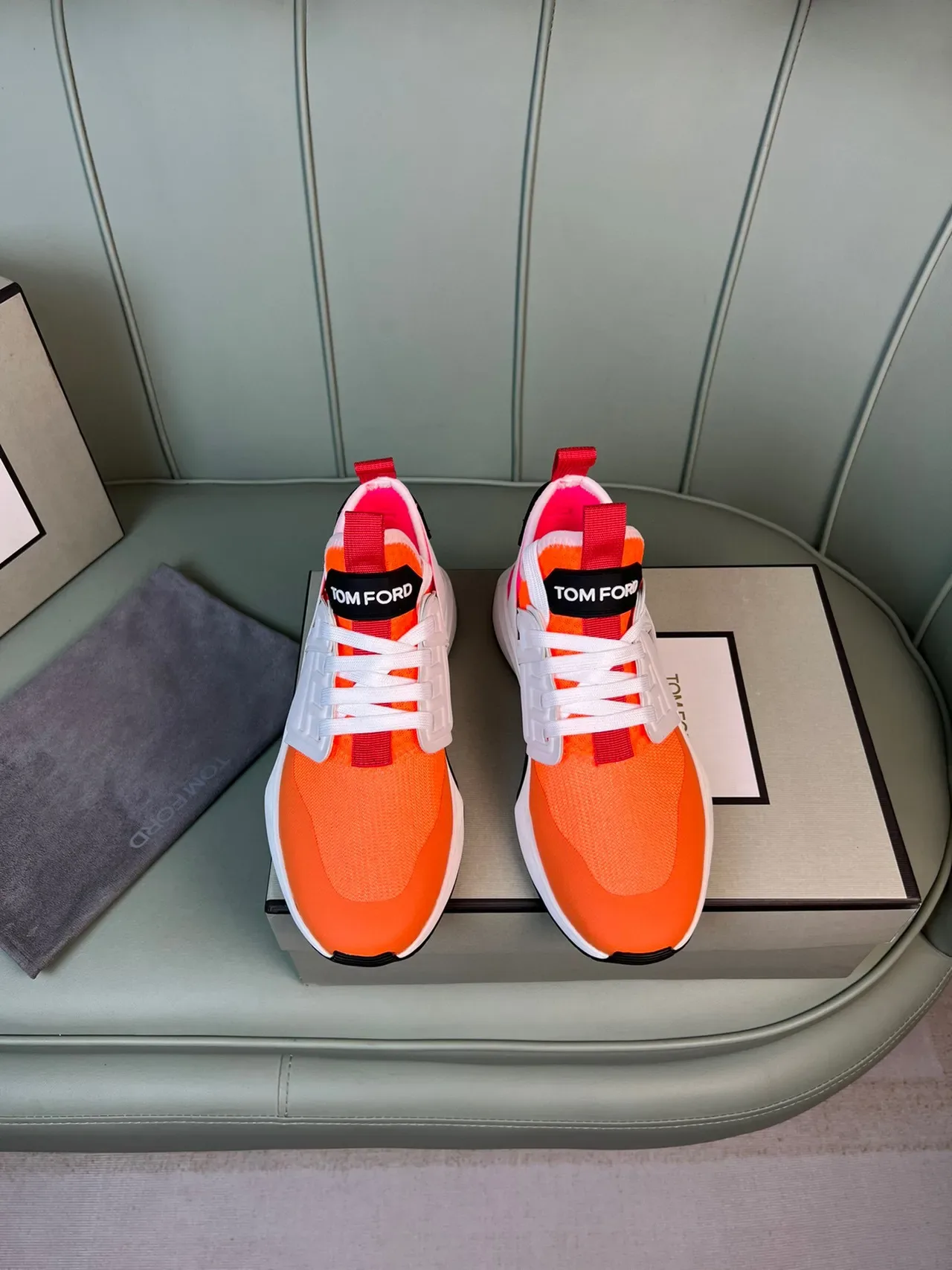 Tom Ford Sneakers Lifestyle Maille Haut Orange Rouge Midsole Sculpté Blanc 9
