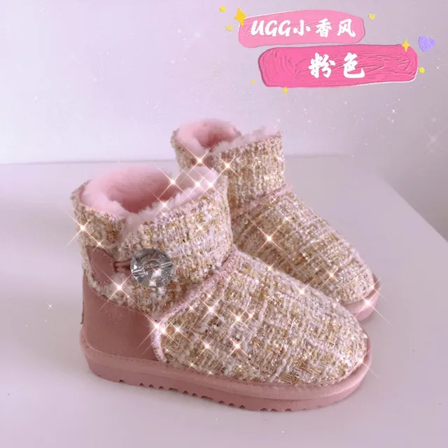 UGG Bottes de neige rose beige avec dessus en tweed et doublure en shearling 4