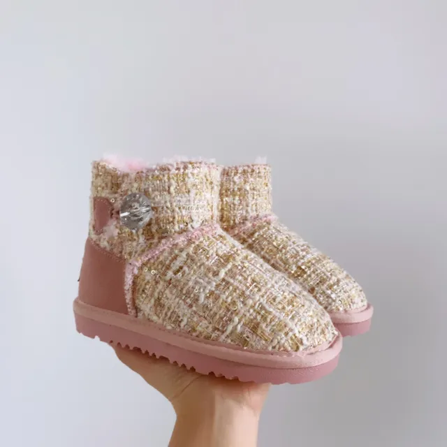 UGG Bottes de neige rose beige avec dessus en tweed et doublure en shearling 22