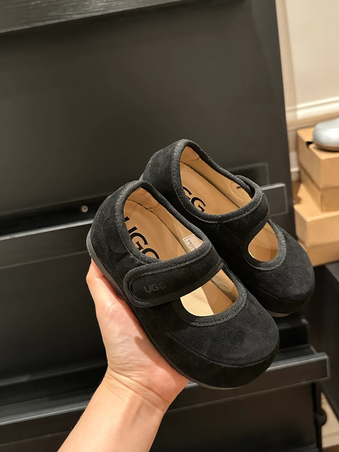 UGG Tasman Black Suede-Like Upper Single Velcro Strap Mary Jane Shoes 23