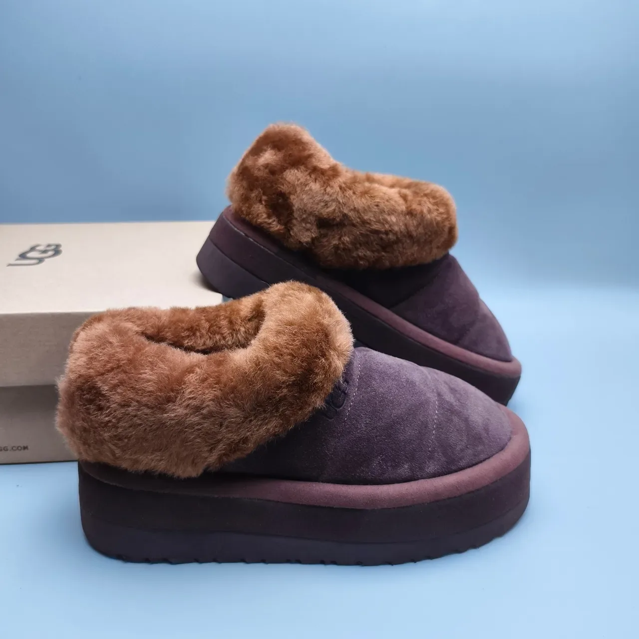 UGG Tasman Brown Beige Platform Sole Shearling-Lined Collar Casual Shoes 6
