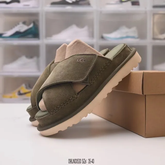 UGG Tasman Olive Green Suede Platform Slippers 6