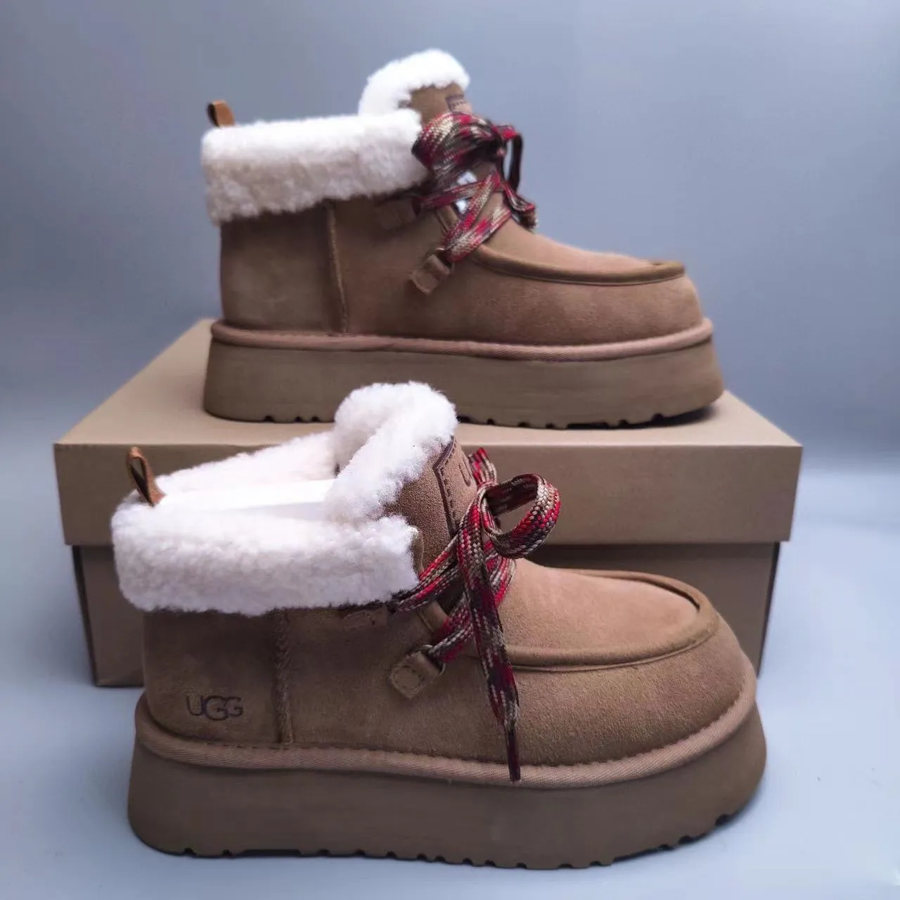 UGG Tasman Tan Suede Shearling-Lined Platform Snow Boots 2