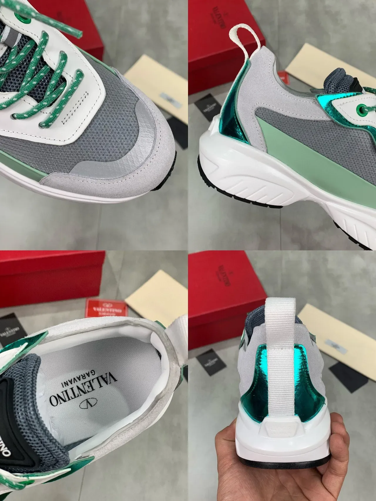 Valentino Gris Semelle Verte Maillage Avec Couches Et Synthétique Supérieur Baskets Chunky 2