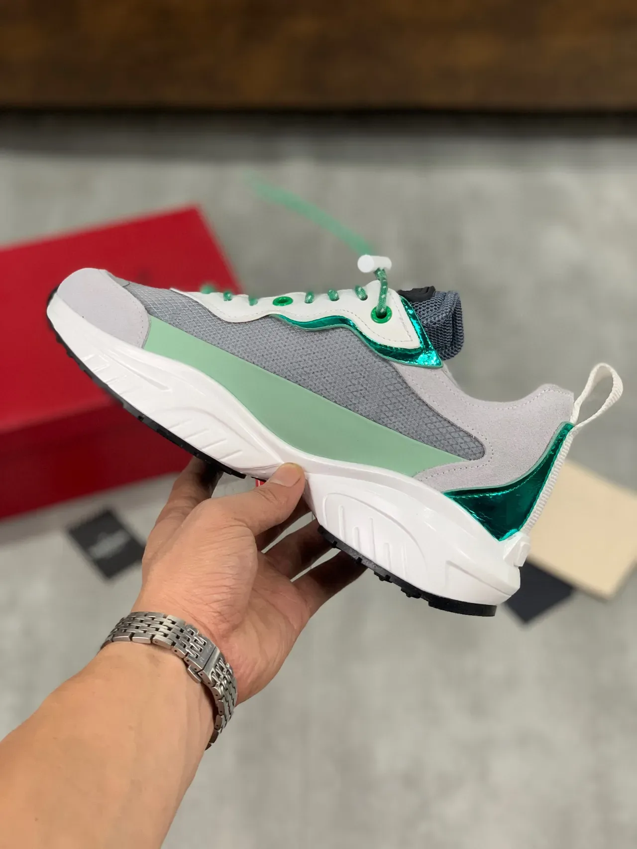 Valentino Gris Semelle Verte Maillage Avec Couches Et Synthétique Supérieur Baskets Chunky 5