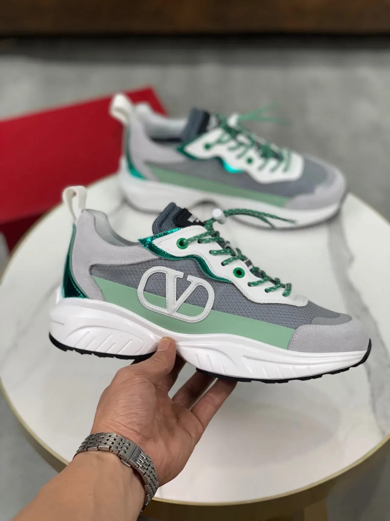 Valentino Gris Semelle Verte Maillage Avec Couches Et Synthétique Supérieur Baskets Chunky 8