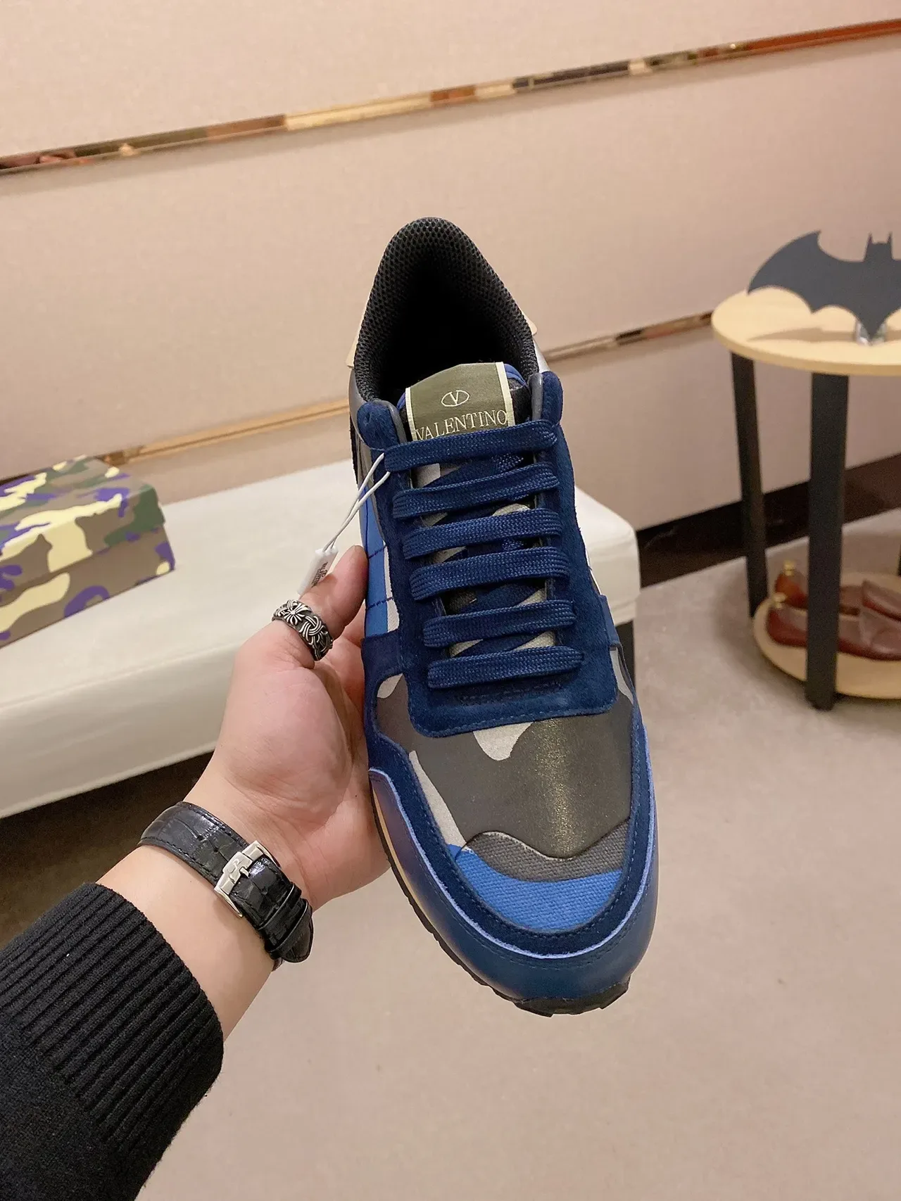 Valentino Navy Multicolore Camouflage-Pannellé Talon Clouté Sneakers Lifestyle 5