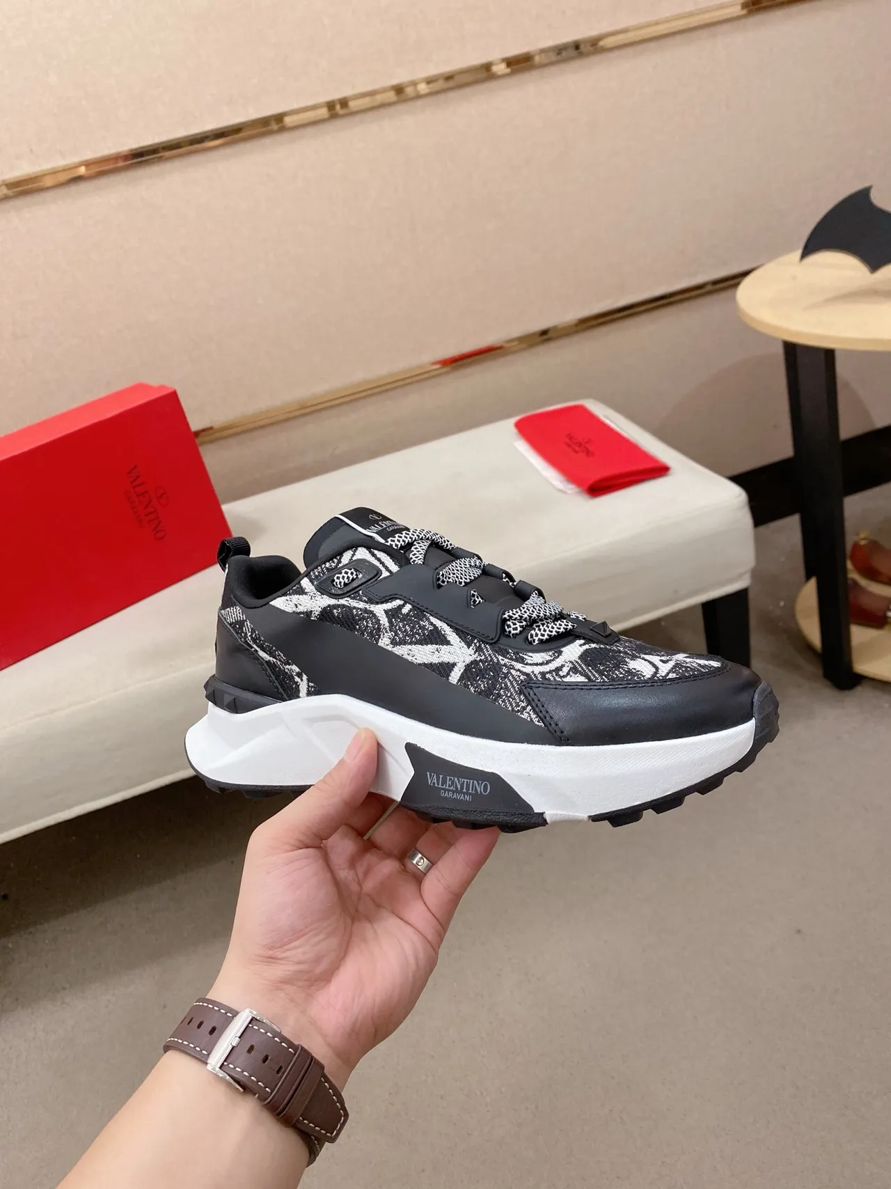 Valentino Rockstud Black White Sole Mixed-Material Upper Chunky Sneakers 5