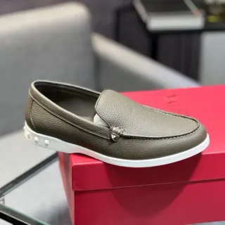 Valentino Rockstud Brown White Pebbled Leather Rubber Sole Loafer