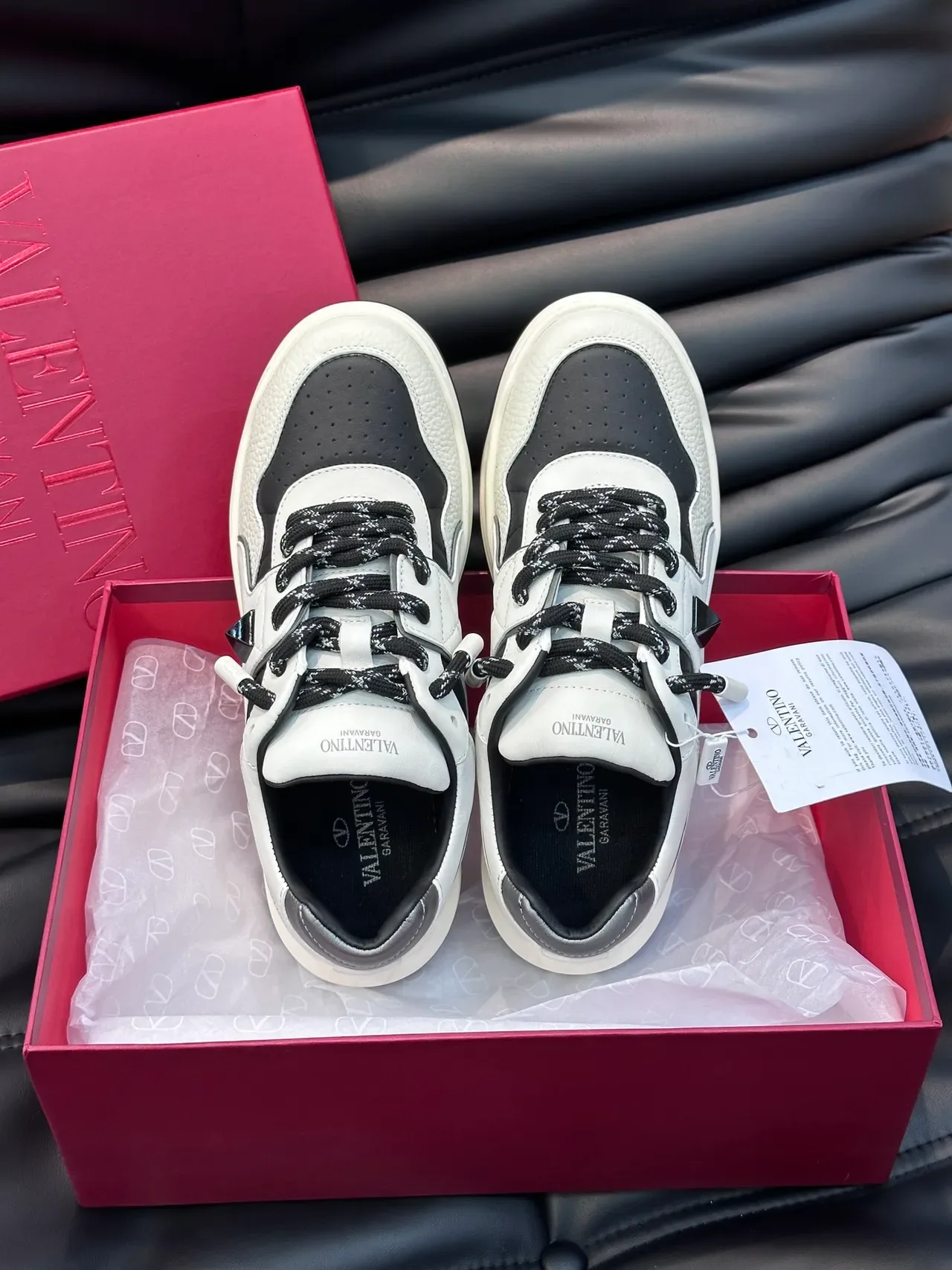 Valentino Rockstud Leather Panelled White and Black Chunky Sneakers 4