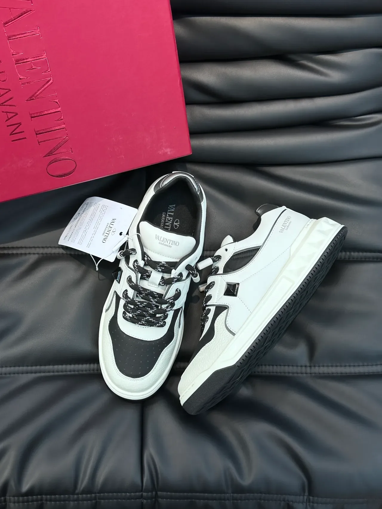 Valentino Rockstud Leather Panelled White and Black Chunky Sneakers 5