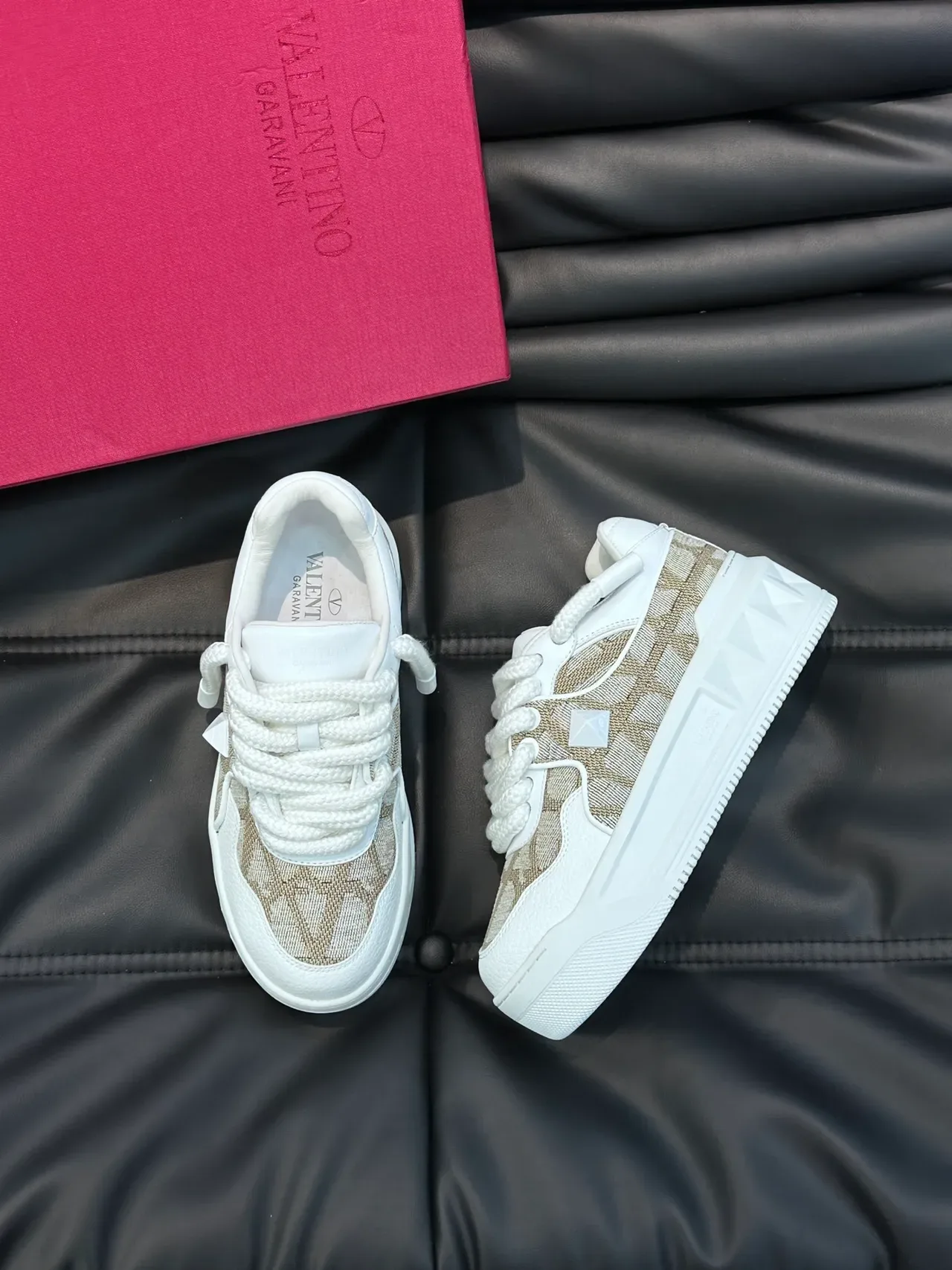 Valentino Rockstud Monogram White Beige Platform Lifestyle Sneakers 4