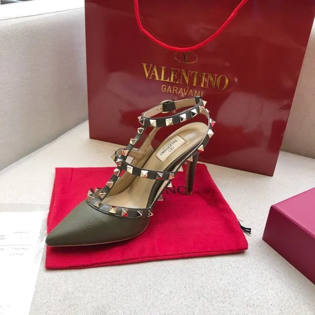 Valentino Rockstud Escarpins à T-strap en Vert Olive avec Clous 7