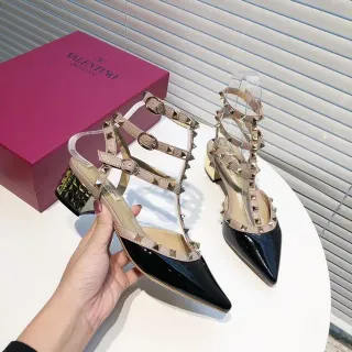 Valentino Rockstud Studded Multi-Strap Patent Black and Beige Pumps