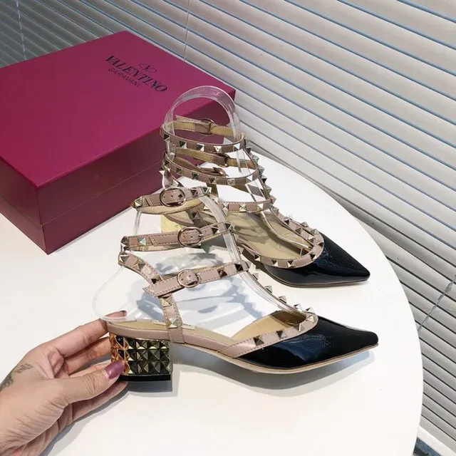 Valentino Rockstud Studded Multi-Strap Patent Black and Beige Pumps 2
