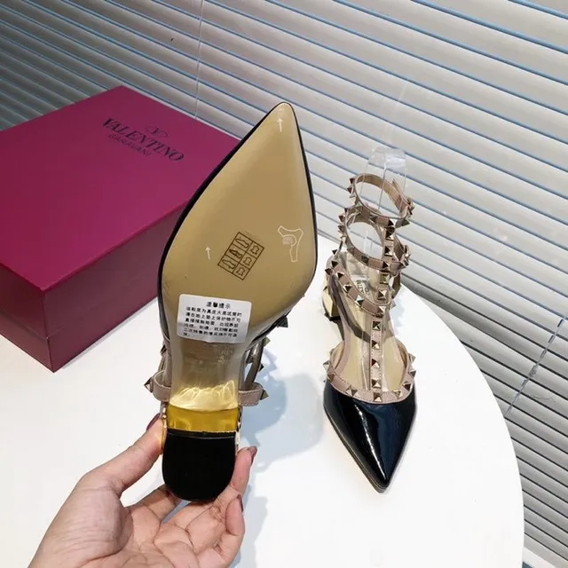 Valentino Rockstud Studded Multi-Strap Patent Black and Beige Pumps 3