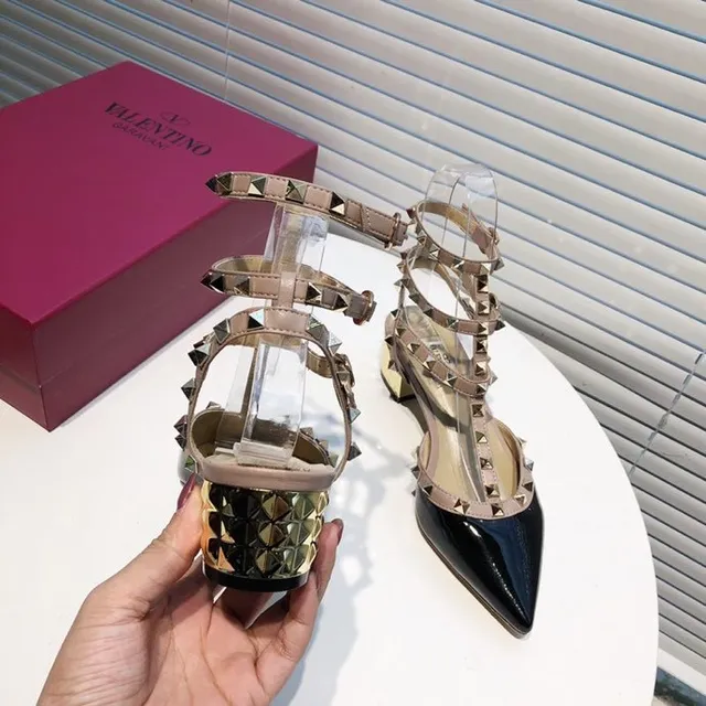 Valentino Rockstud Studded Multi-Strap Patent Black and Beige Pumps 4