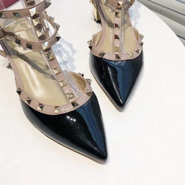 Valentino Rockstud Studded Multi-Strap Patent Black and Beige Pumps 5