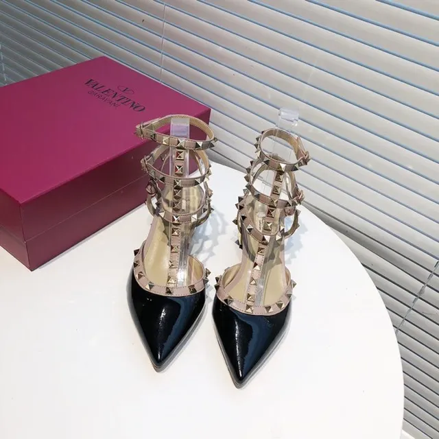 Valentino Rockstud Studded Multi-Strap Patent Black and Beige Pumps 6
