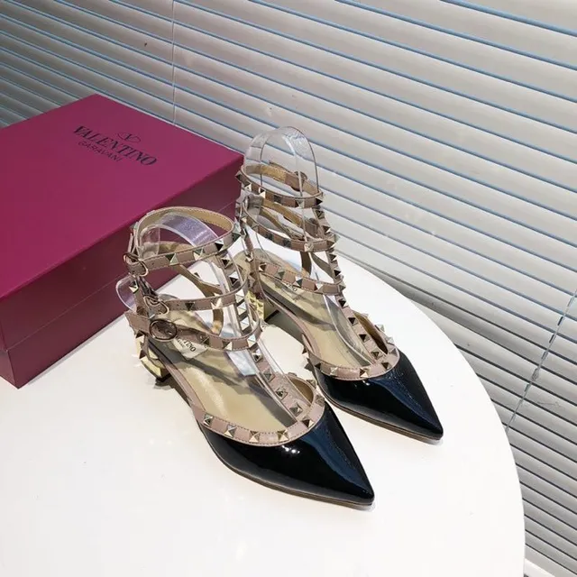 Valentino Rockstud Studded Multi-Strap Patent Black and Beige Pumps 7