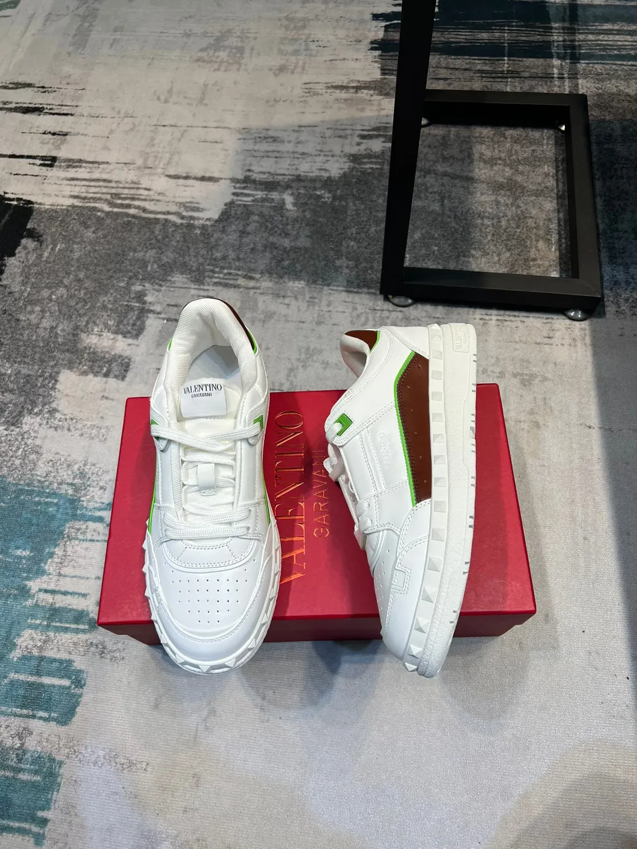 Valentino Rockstud White Brown Green Studded Lifestyle Sneakers 4