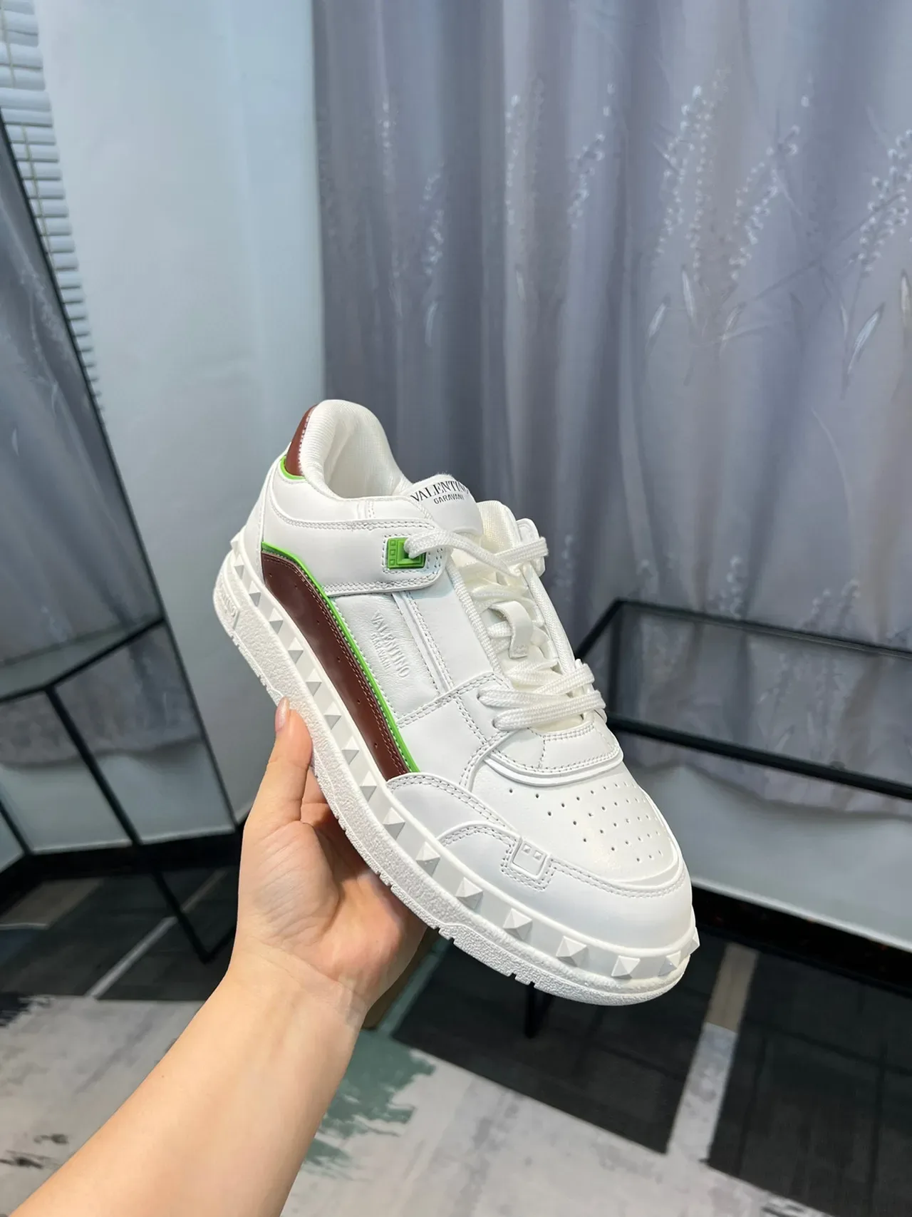 Valentino Rockstud White Brown Green Studded Lifestyle Sneakers 6