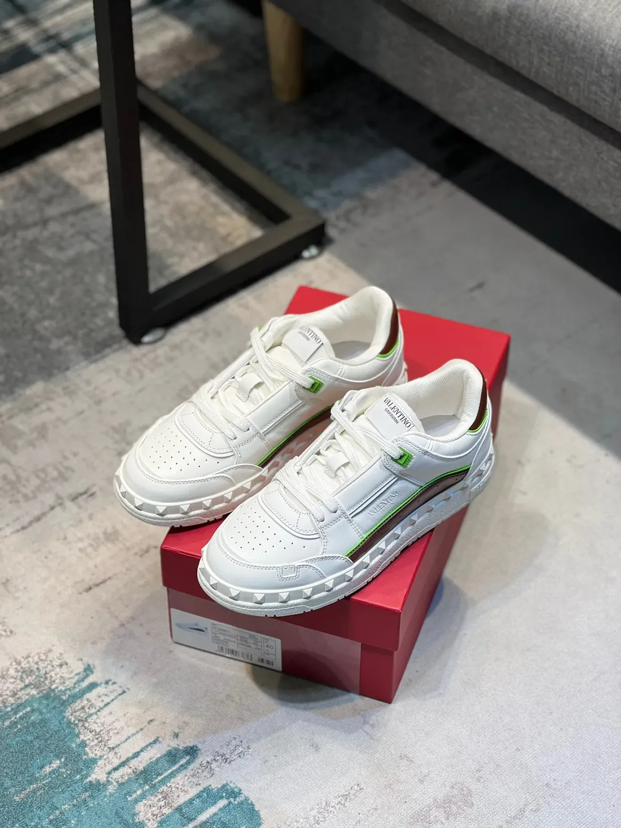 Valentino Rockstud White Brown Green Studded Lifestyle Sneakers 7