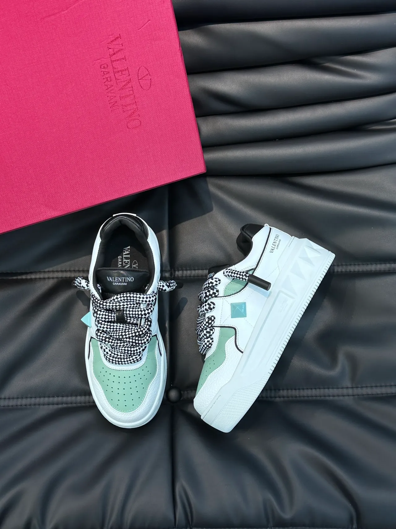 Valentino Rockstud White Green Platform Sole Perforated Mint Panels Chunky Sneakers 4