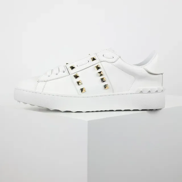 Valentino Rockstud Tênis Lifestyle de Couro Branco com Stud de Ouro 9