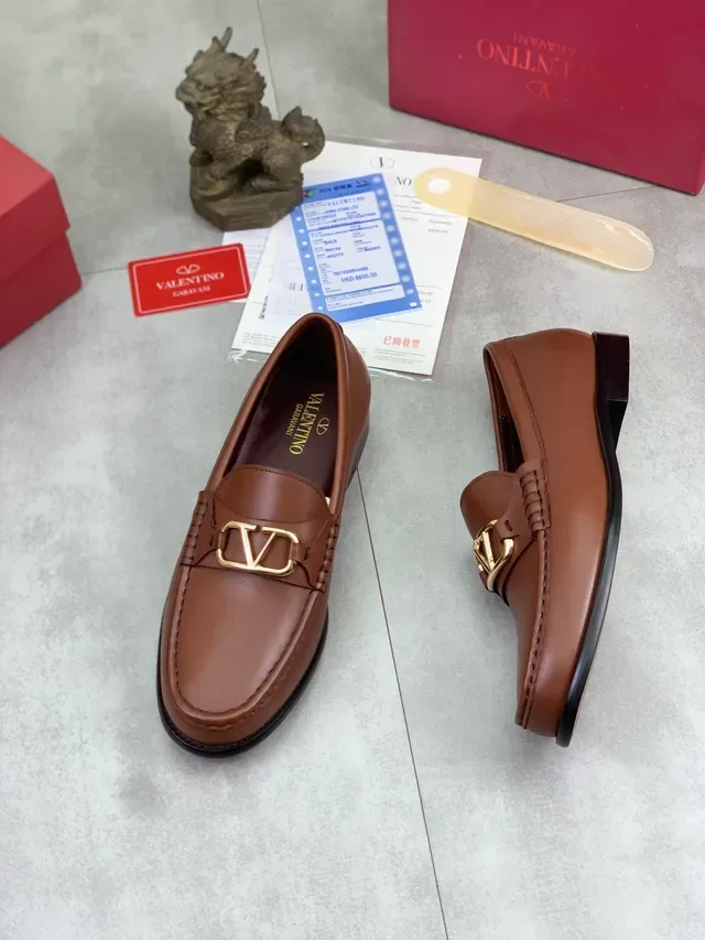 Valentino VLogo Loafer Marrom Dourado Couro Fivela Loafer 6