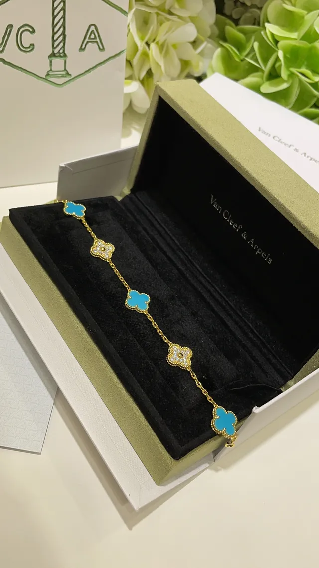 Van Cleef & Arpels Alhambra Five Motif Turquoise e Pavé Pulseira 6