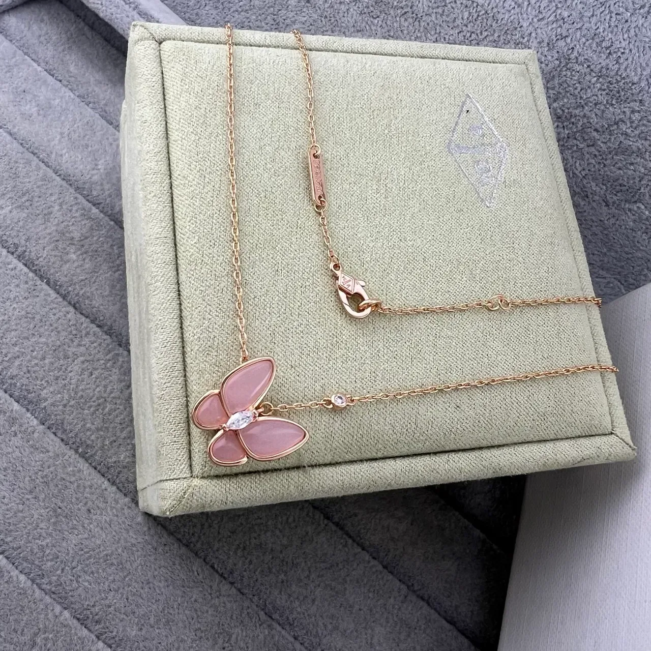 Van Cleef & Arpels Papillon Pink Stone Butterfly Pendant Necklaces 2
